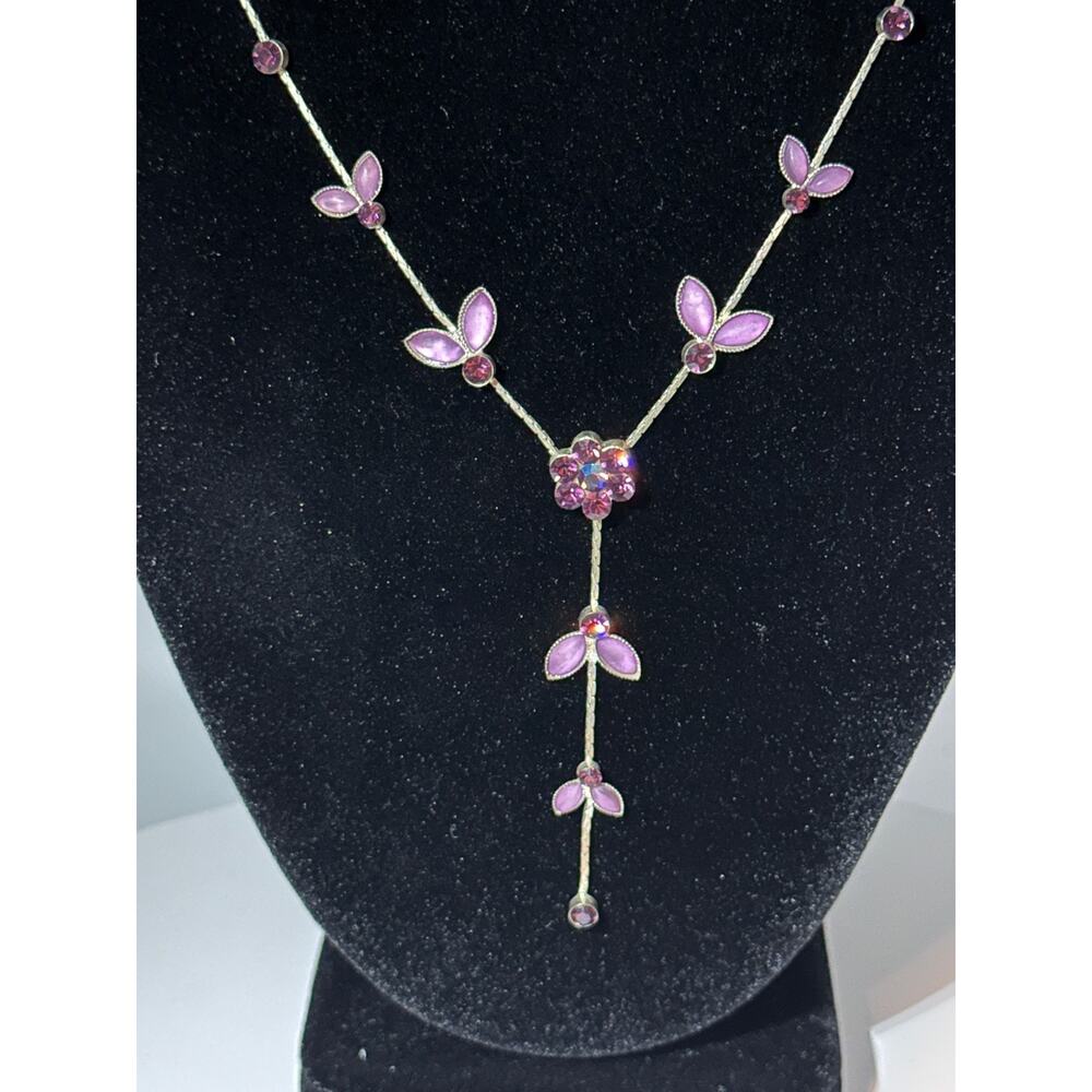 Purple Rhinestone Floral Vine Y Necklace Silver Tone Lariat Leaf Drop
